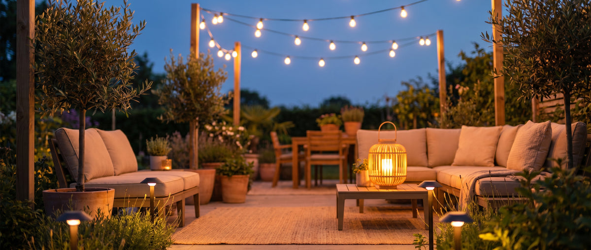 Cosy garden patio with warm string lights and a lantern at dusk — Tosore Outdoor Lights