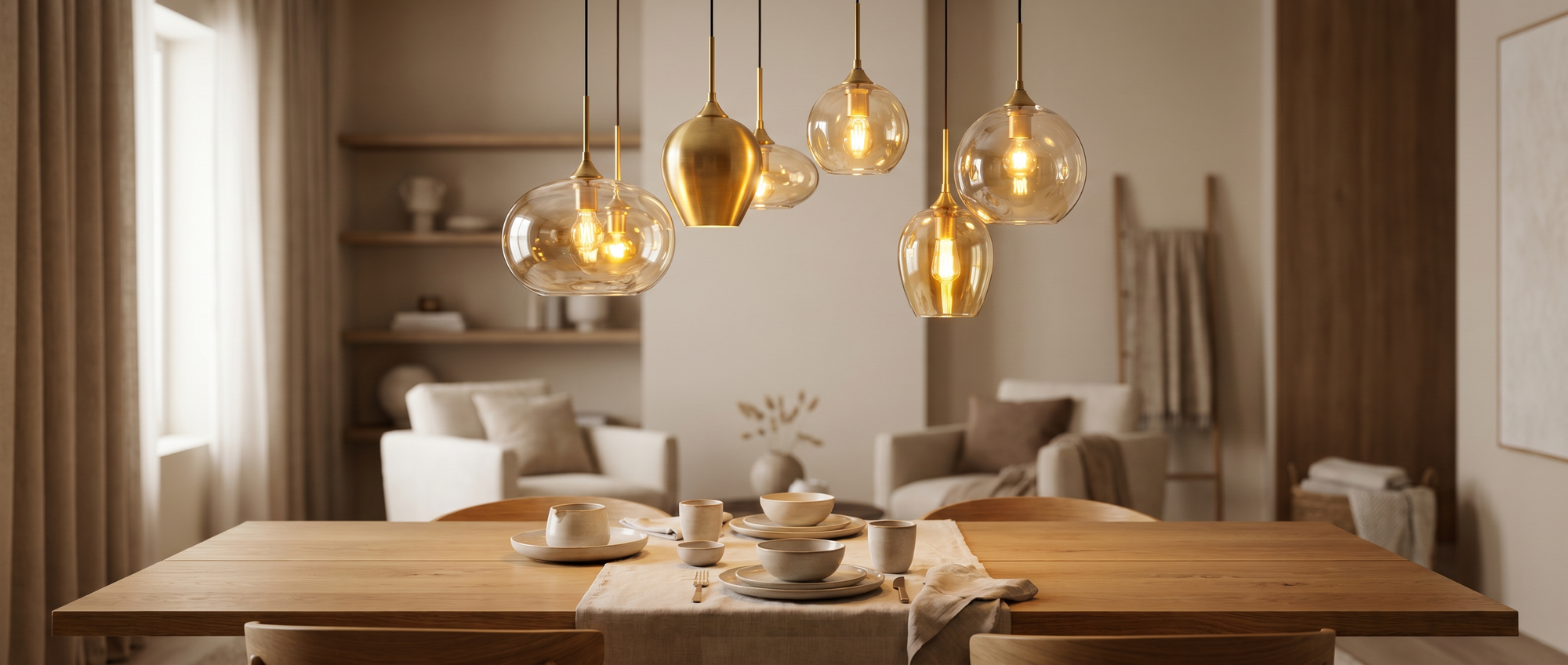 Dining table lit by a cluster of warm glowing pendant lights — Tosore Pendant Lights