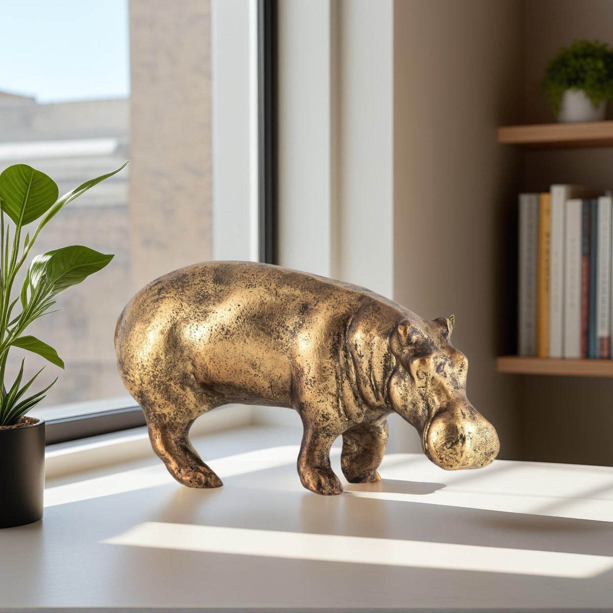 Antique Brass Hippopotamus Statue – Whimsical Charm for Elegant Interiors 0