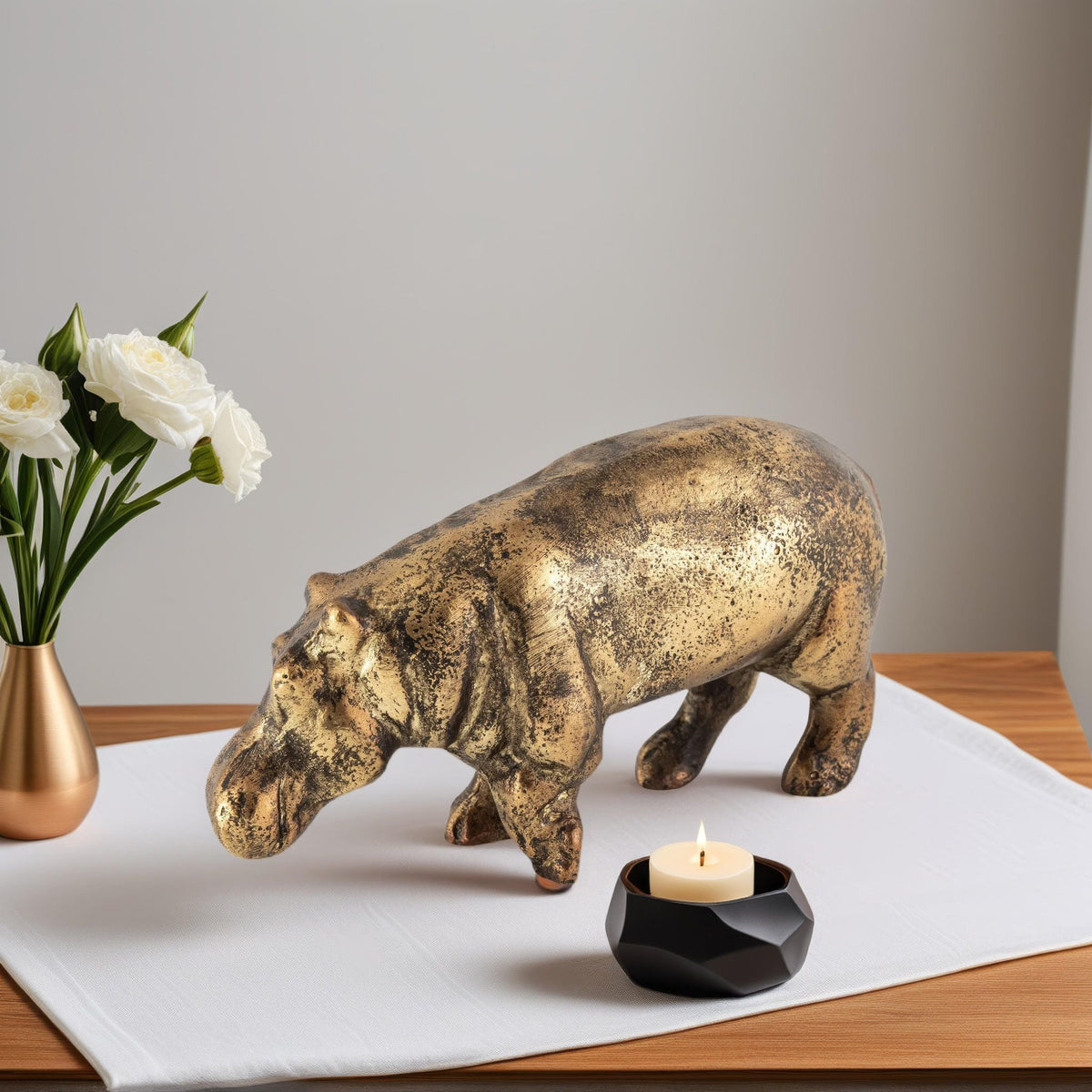 Antique Brass Hippopotamus Statue – Whimsical Charm for Elegant Interiors 1