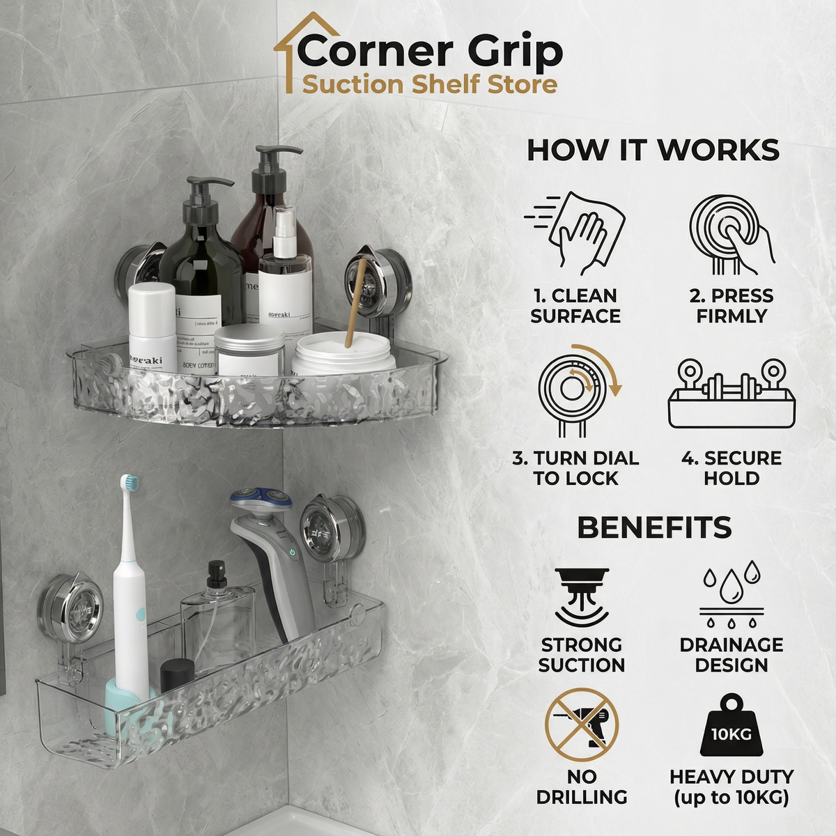 Corner Grip Suction Shelf – Maximize Bathroom Storage Effortlessly 2