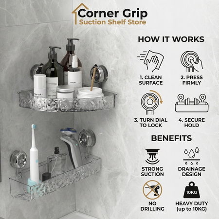 Corner Grip Suction Shelf – Maximize Bathroom Storage Effortlessly 2