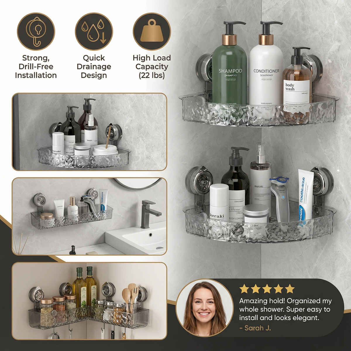 Corner Grip Suction Shelf – Maximize Bathroom Storage Effortlessly 3