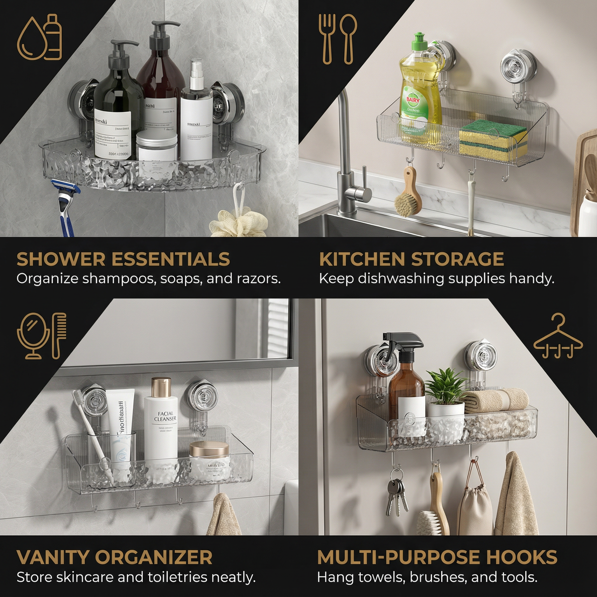 Corner Grip Suction Shelf – Maximize Bathroom Storage Effortlessly 4