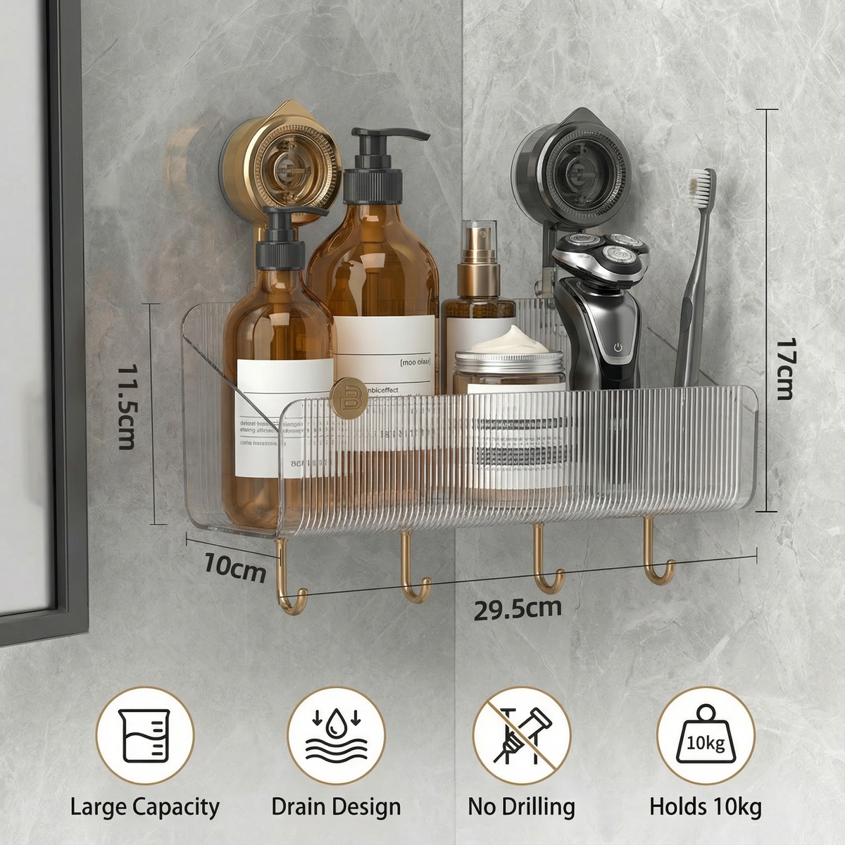 Corner Grip Suction Shelf – Maximize Bathroom Storage Effortlessly 5