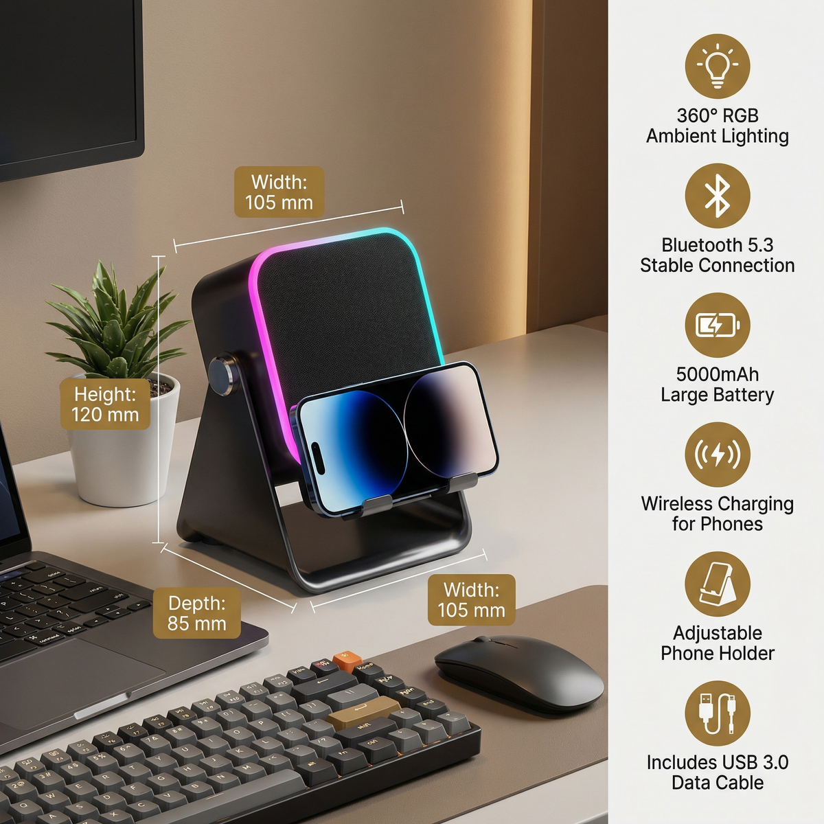 Multifunctional Bluetooth Speaker – Clear Sound with Ambient Lighting 6