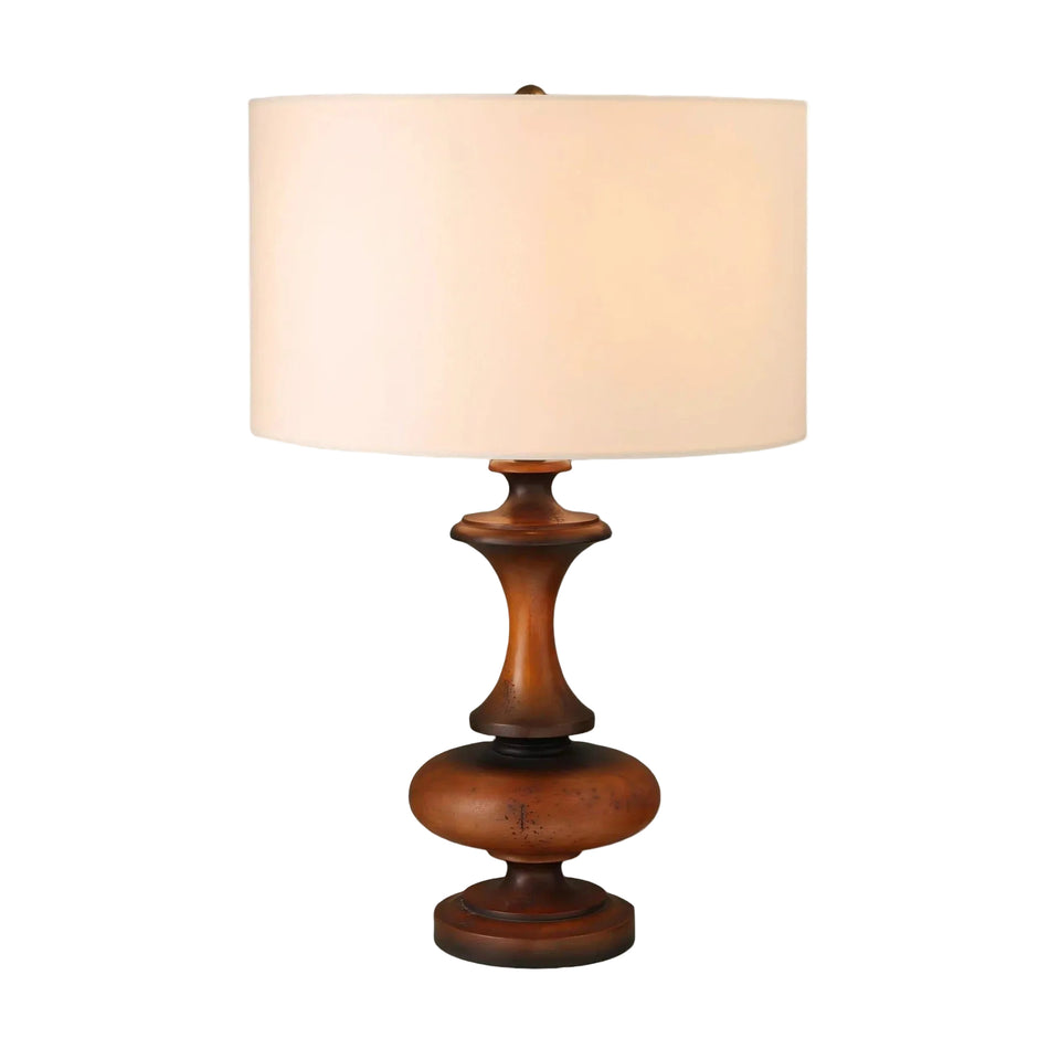 Turned wooden table lamp with drum shade