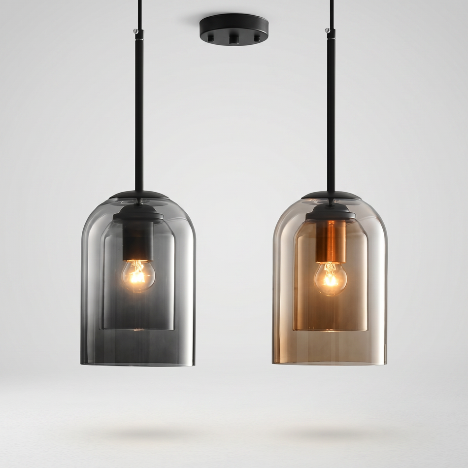Glass pendant light - nordic amber & grey shade with gold accents