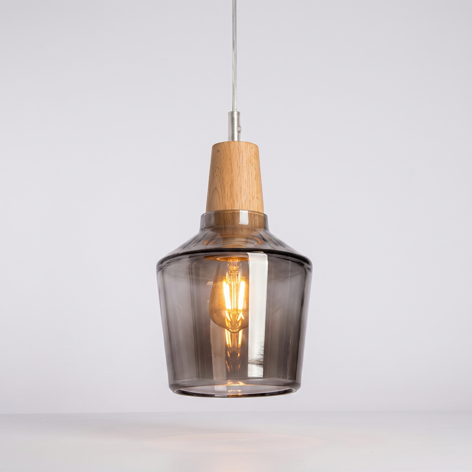 Glass pendant light - scandinavian wood top, clear or amber shade