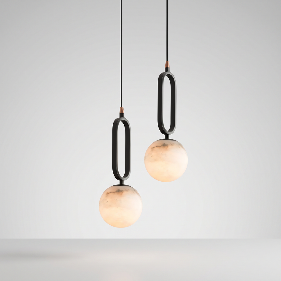 Marble pendant light - natural stone shade with copper accents