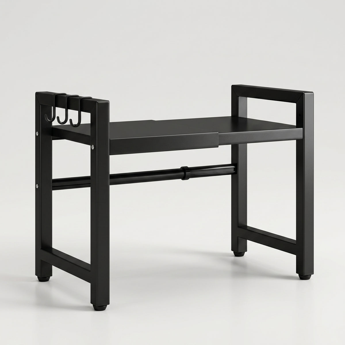 Black extendable 2-tier kitchen shelf rack with hooks