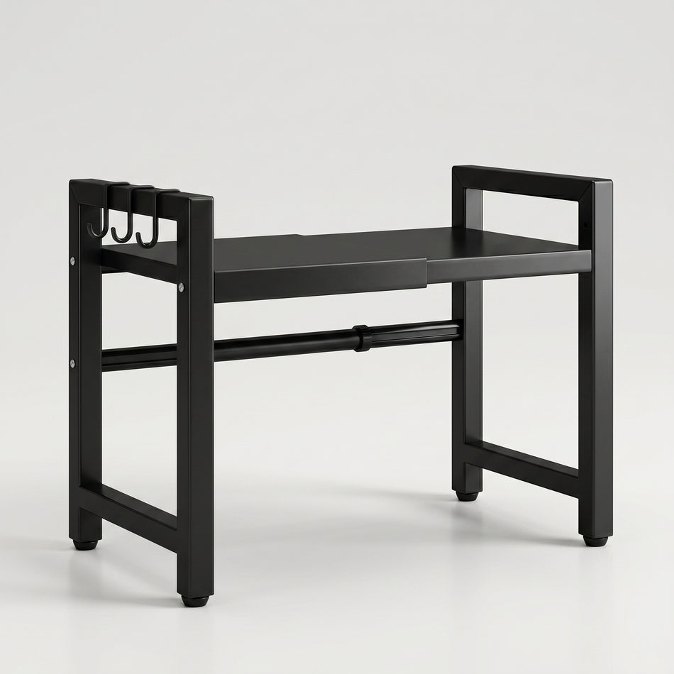 Black extendable 2-tier kitchen shelf rack with hooks