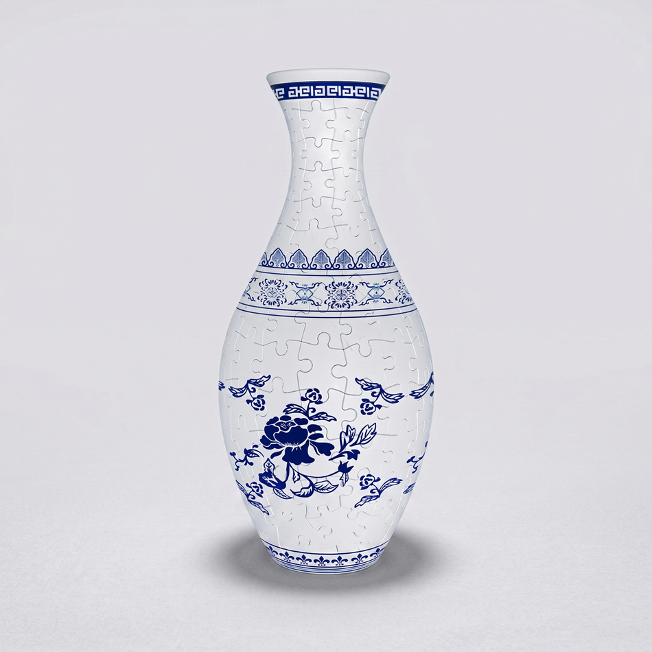 Blue and white porcelain-style 3D puzzle flower vase