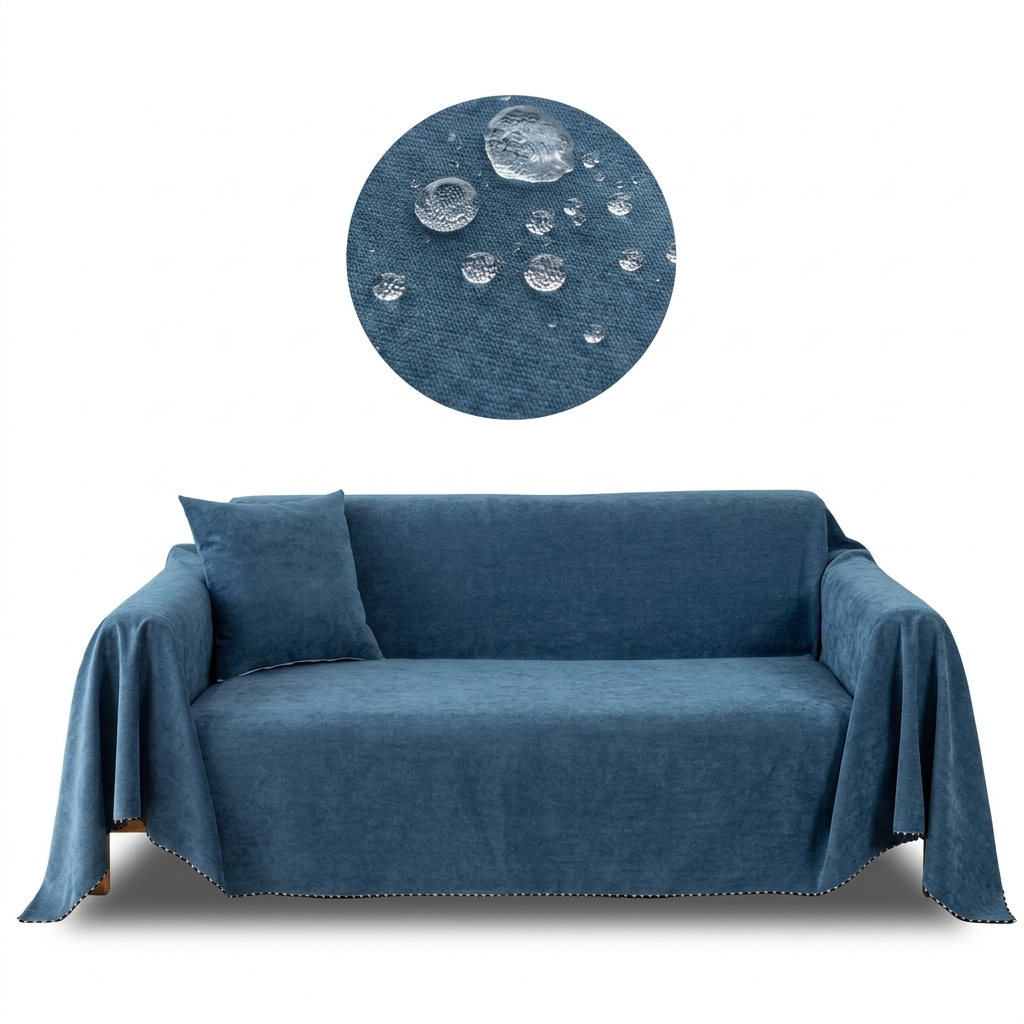 Waterproof dark blue sofa blanket draped on a sofa
